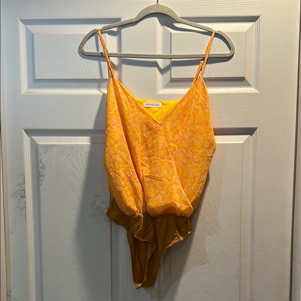 Honeycloth Mustard Yellow Floral Chiffon Faux Wrap Bodysuit L
